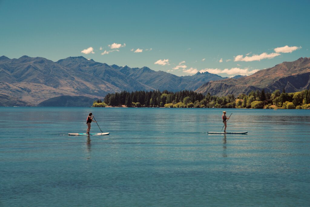 two stand up paddleboarders on lake